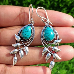 Boho 92.5 Silver Plated Vintage Turquoise Gemstone Dangle Drop Earrings, Turquoise Earrings, Dangle Drops Earrings, Gift Item,