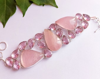 Bracciale al quarzo rosa naturale\Bracciale con ciondoli\Bracciale con pietre preziose d'argento\Bracciale da donna\Bracciale fatto a mano\Bracciale unico in cristallo di quarzo rosa