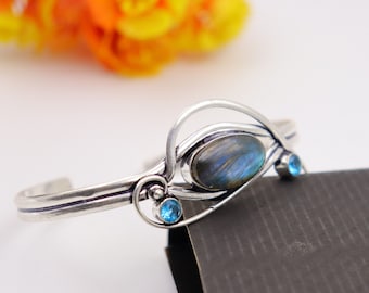 Braccialetto regolabile antico fatto a mano con pietra preziosa labradorite appariscente vintage\Bracciale rigido con topazio blu\Bracciale rigido di tendenza con pietra preziosa per lei