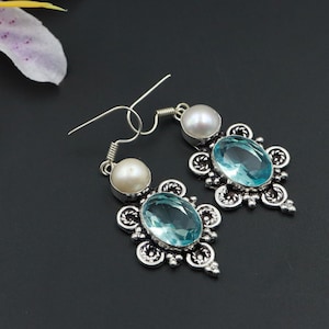 Blue Topaz And Pearl Earrings\Swiss Blue Topaz Earrings\Pearl Earrings\Natural Pearl Earrings\Silver Plated Pearl Earrings\Anniversary Gift