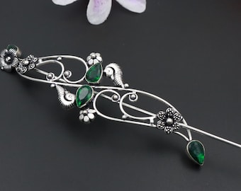Stunning Faceted Green Emerald Sterling silver plated barrette Celtic Viking Knot Hair Clip For Her, Gift item For Her, Women Hair Jewelry