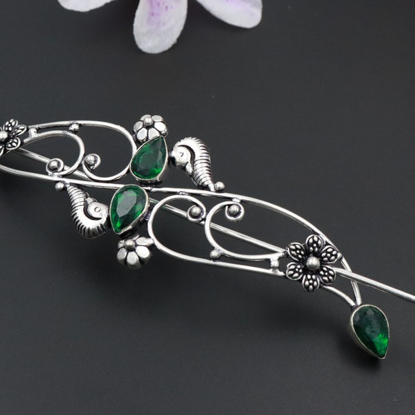 Stunning Faceted Green Emerald Sterling silver plated barrette Celtic Viking Knot Hair Clip For Her, Gift item For Her, Women Hair Jewelry