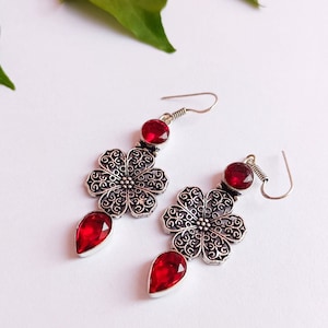 Garnet earrings\Boho garnet earrings\Red garnet dangle earrings\Silver garnet earrings\Handmade earrings\gift ideas\Silver plated earrings