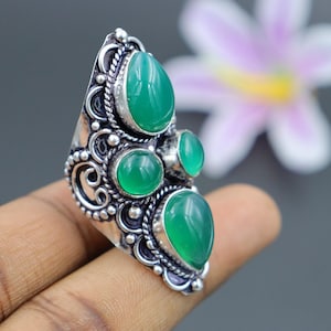 Bohemian Green Onyx Gemstone Silver Oxidized Ring\ Handmade Multi Stone Ring\ Party Wear Jewelry