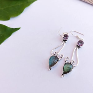 Labradorite Mystic Topaz Dangle Earrings - Silver Plated Gemstone Earrings
