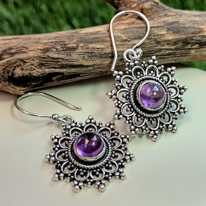 Boho 92.5 Silver Plated Vintage Natural Amethyst Gemstone Earrings, Amethyst Earrings, Dangle Drops Earrings, Gift Item, Leaf Earrings