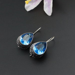 Pear Cut Vintage designer Blue Topaz Earrings\Blue Topaz Unique Earrings\Gift for Love\Women&#39;s Earrings\Handmade Jewelry\Vintage Jewelry