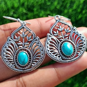 Boho 92.5 Silver Plated Vintage Turquoise Gemstone Dangle Drop Earrings, Turquoise Earrings, Dangle Drops Earrings, Gift Item,