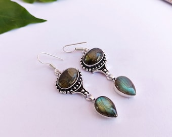 Antique Silver Plated Vintage Labradorite Gemstone Dangle Drop Earrings,  Labradorite Earrings, Dangle Drops Earrings,