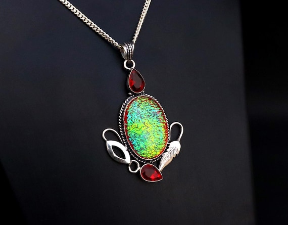 Beautiful Unique Design Silver Oxidized Dico Glass Stone With garnet Pendant, Gift for Love, Christmas Gift