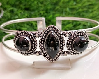 Bohemian Sterling Silver Plated Black Onyx Bangle Bracelet\Antique Onyx Bangle For Her\ Handcrafted Onyx Bangle