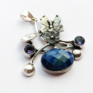 Silver Oxidized Handmade lapis lazuli and amethyst pendant necklace, pendant for her, Gift item,