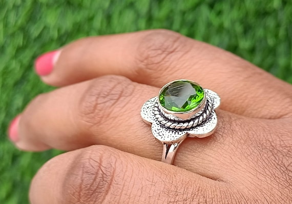 92.5 Sterling Silver Plated Peridot Ring Peridot Jewelry Statement Ring Women Jewelry Etsy