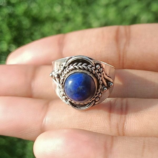 Boho 92.5 Silver Plated Lapis Lazuli Vintage Design Handmade Ring, Women Statement ring, Lapis Lazuli Jewelry, Body Jewelry