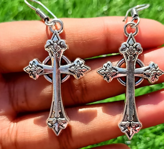 Boho 92.5 Silver Plated Vintage Cross Earrings Dangle Drop