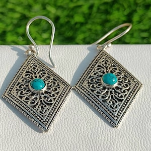 Boho 92.5 Silver Plated Vintage Turquoise Gemstone Dangle Drop Earrings, Turquoise Earrings, Dangle Drops Earrings, Gift Item,