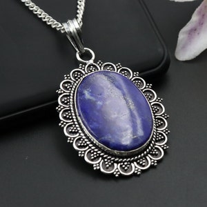Natural Lapis Lazuli Pendant Necklace , Oval Cut Silver Plated Pendant, Boho Silver Pendant For Women