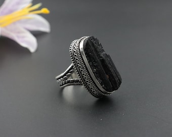 Raw Black Tourmaline Ring\ Handmade Gemstone Ring\ Tourmaline Ring\ Black tourmaline Ring\ Silver Plated Ring\ Gift For her