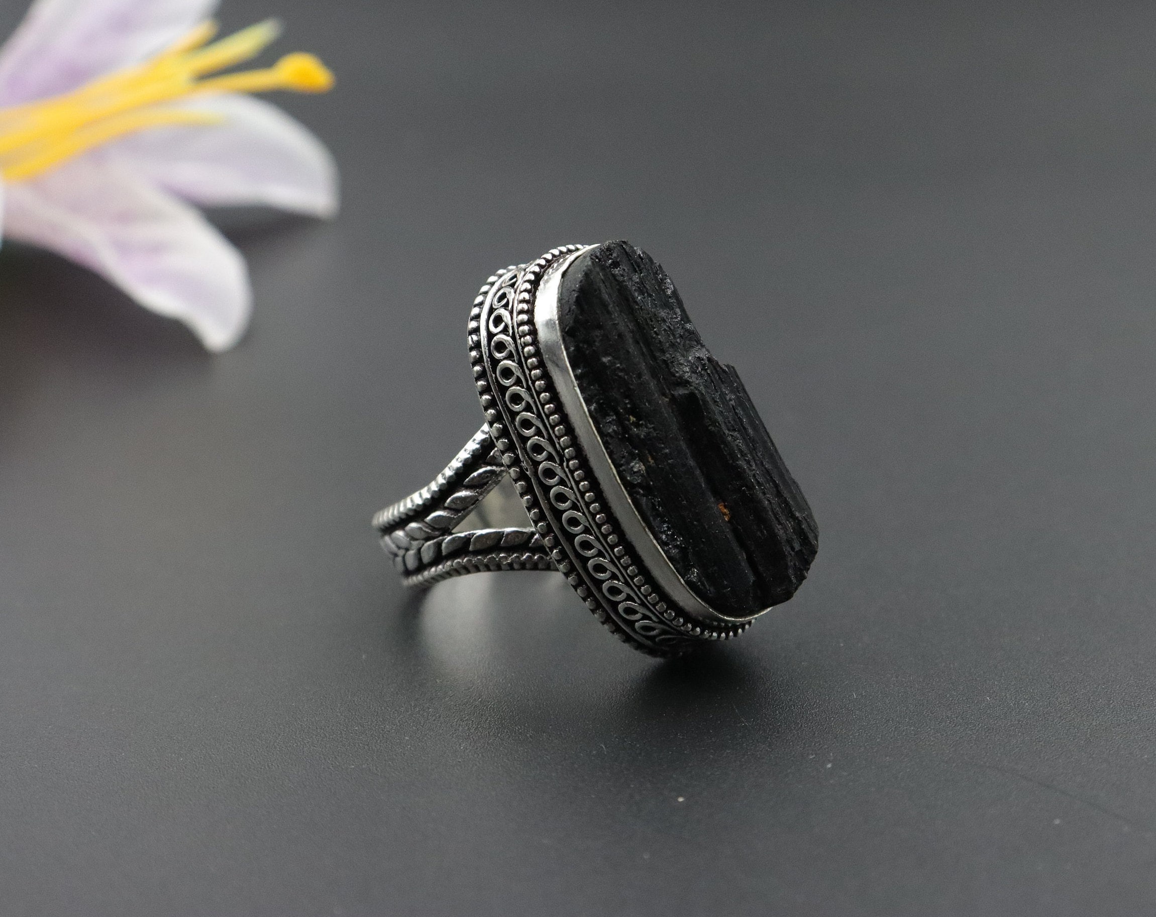Black Tourmaline Ring Sterling Silver - Tree Of Life Crystal Healing Jewelry For Women