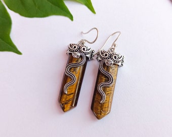 Boho Tiger's Eye Earrings: Silver Oxidized Pencil Gemstone