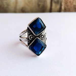 Dark Blue Topaz Ring\Double Stone Ring\Silver Stone Ring\Gift For Her\925 silver Plated Ring\Gift idea for Her