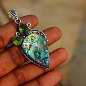 Stunning Handmade Silver Oxidized Natural Abalone Shell With Peridot Stone Pendant Necklace Pendants\Pendants For Her\Peridot Necklace