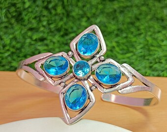 Blue topaz Handmade Bracelet- Blue Topaz Bangle- Adjustable Bracelet- Gift Item- Handmade Sterling Silver Plated bangle bracelet