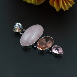 Natural Rose Quartz And Pink Quartz Stone Silver Oxidized Designer Pendant Necklace\Unique Gemstone Pendant For Gift