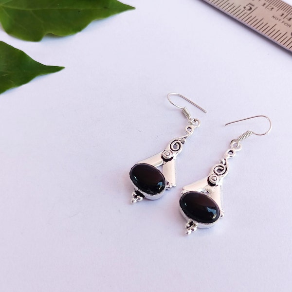 thumbnail image 2 of Handmade Silver Plated Dangle Earrings – Black Onyx Beads, Hook Closure, UK 2 of 4