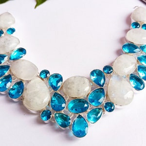 Moonstone Gemstone And Swiss Blue Topaz Silver Plated Necklace\ Multi Gemstone Unique Necklace\Wide and Big Necklace\Antique Necklace