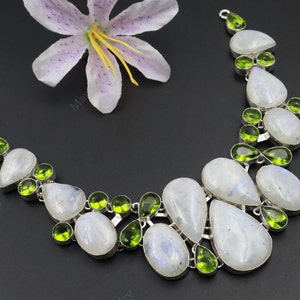 Natural Rainbow Moonstone Necklace\ Moonstone With Green Peridot Necklace Jewelry\Bridal Necklace Jewelry\ Wedding Necklaces For Her