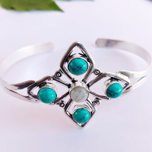 Piedra lunar, brazalete turquesa \ Brazalete ancho hecho a mano \ Brazalete para mamá \ Brazaletes de fiesta \ Brazaletes plateados \ Brazaletes de piedras preciosas