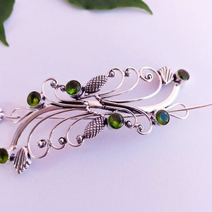 Groene peridot prachtige handgemaakte sterlingzilver vergulde haarspeld haarspeld Keltische Viking knoop haarspeld voor vrouwen, Haarsieraden,