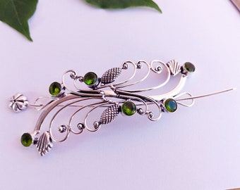 Green Peridot Stunning Handmade Sterling Silver Plated Hair clip barrette Celtic Viking Knot Hair Pin For Women, Hair jewelry,