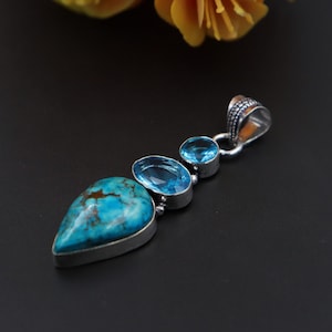 Türkis & Blautopas Edelstein handgemachte Vintage Designer Silber oxidierte Anhänger Halskette Einzigartiges Design Anhänger Schmuck handgemachte Halskette