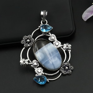 Natural blue Opal & Blue topaz Pendant\Blue Opal Pendant\Topaz Pendant Necklace\Unique pendant Necklace\Antique Pendant