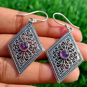 Boho 92.5 Silver Plated Vintage Natural Amethyst Gemstone Dangle Drop Earrings, Amethyst Earrings, Dangle Drops Earrings, Gift Item,