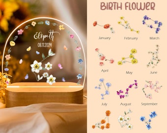 Veilleuse personnalisée fleur du mois de naissance du zodiaque, lampe de chevet bébé cadeau pour enfant, lampe acrylique, nom déco pour chambre de bébé, cadeaux baby shower