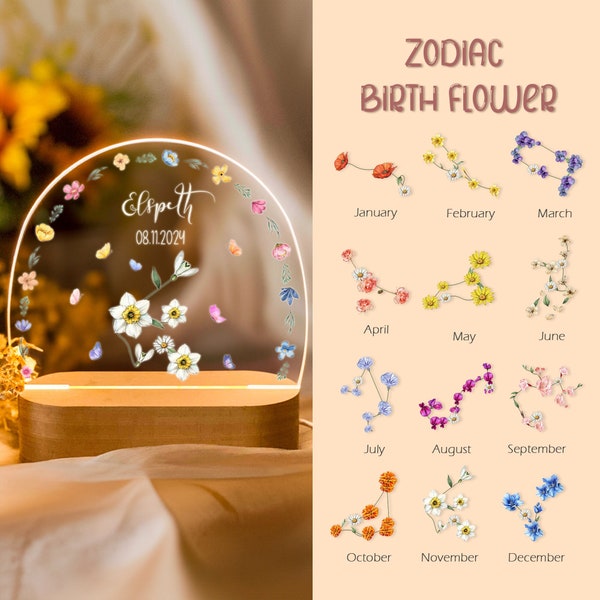 Veilleuse personnalisée fleur du mois de naissance du zodiaque, lampe de chevet bébé cadeau pour enfant, lampe acrylique, nom déco pour chambre de bébé, cadeaux baby shower