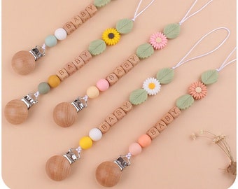 Daisy Silicone pacifier chain personalized first name, Beech Pacifier Clip, Cute flowers silicone anti drop chain,  Baby Gift, Soother Clip