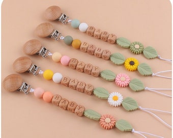 Daisy Silicone pacifier chain personalized first name, Beech Pacifier Clip, Cute flowers silicone anti drop chain,  Baby Gift, Soother Clip