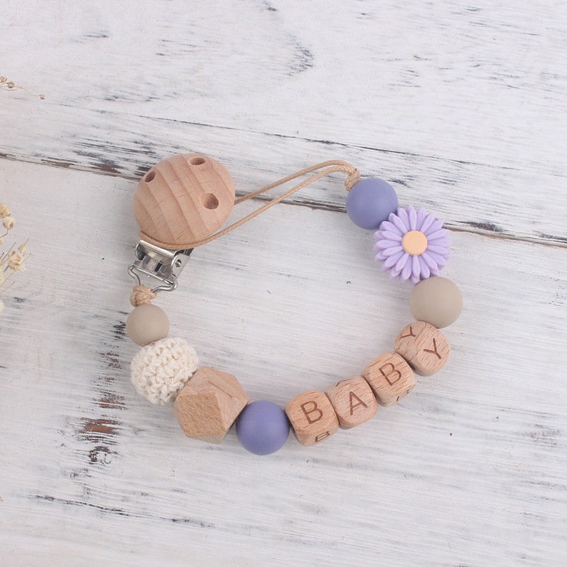 Sunflower Pacifier Attachment Clip, Personalized Name Pacifier Clip, Beech Paci Clip, Cute Daisy Silicone Anti Drop Chain, Babyshower Gift Purple