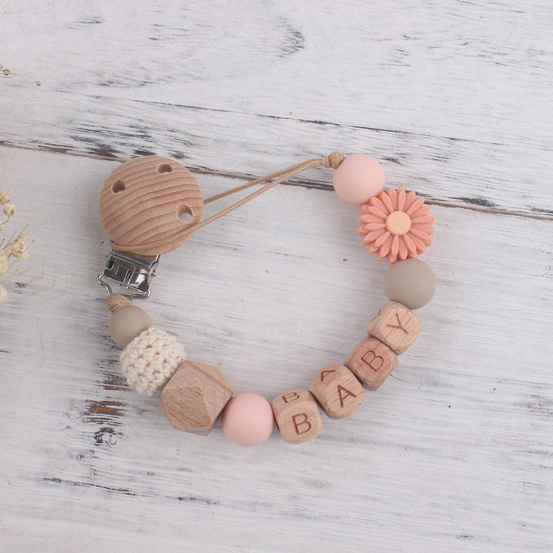 Sunflower Pacifier Attachment Clip, Personalized Name Pacifier Clip, Beech Paci Clip, Cute Daisy Silicone Anti Drop Chain, Babyshower Gift Dark Pink