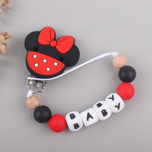Pacifier attachment personalized pacifier first name, Mouse Bowknot Pacifier Clip, Silicone Bead Pacifier Clip, Baby Gift, Soother Clip red