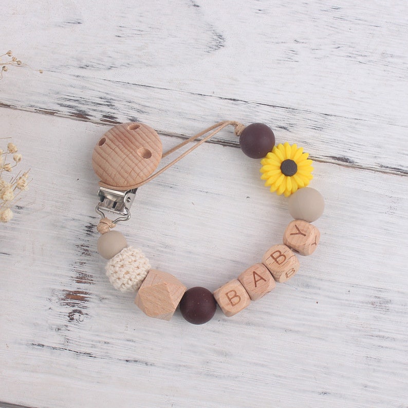 Sunflower Pacifier Attachment Clip, Personalized Name Pacifier Clip, Beech Paci Clip, Cute Daisy Silicone Anti Drop Chain, Babyshower Gift Yellow