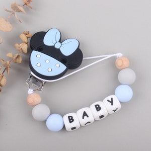 Pacifier attachment personalized pacifier first name, Mouse Bowknot Pacifier Clip, Silicone Bead Pacifier Clip, Baby Gift, Soother Clip blue