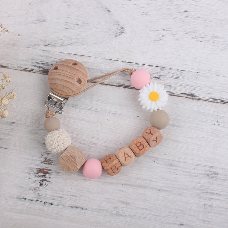 Sunflower Pacifier Attachment Clip, Personalized Name Pacifier Clip, Beech Paci Clip, Cute Daisy Silicone Anti Drop Chain, Babyshower Gift Pink+White
