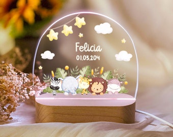 Nachtlicht personalisiert Waldfreunde, Baby Geschenk Geburt, Nachtlicht Baby Regenbogen Nachtlampe, Geschenk zur Geburt, Baby Nachttischlampe Geschenk für Kinder