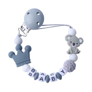 Clip ficticio lindo personalizado de Koala, clip de chupete de cuentas de silicona, clip de chupete de bebé, soporte de chupete, regalos de baby shower, clip de chupete gray