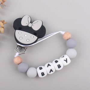 Pacifier attachment personalized pacifier first name, Mouse Bowknot Pacifier Clip, Silicone Bead Pacifier Clip, Baby Gift, Soother Clip gray